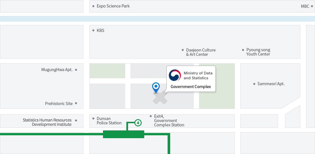 After exiting at the North Daejeon Interchange, you will pass KBS on your left. You will find Government Complex Daejeon located in front of Prehistoric Cite.