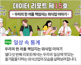 [일상 속 데이터]우리의 한 끼를 책임지는 외식업 이야기 열다섯 번째 리포트에서는 우리의 일상에 맛있는 즐거움을 더하는 외식산업의 모습을 살펴보려 합니다.