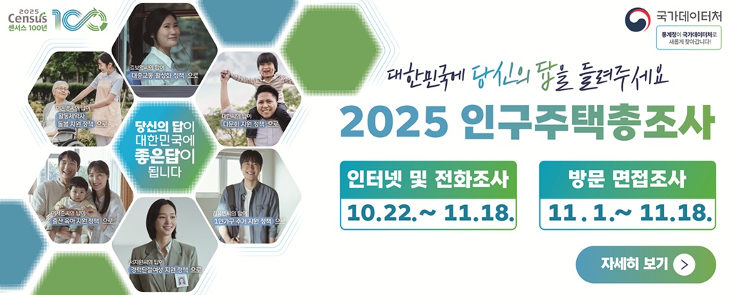 국가데이터처 / 통계청에서 국가데이터처로 새롭게 찾아갑니다!  2025 인구주택 총조사 10.22.~11.18.  인터넷 및 전화조사: 10.22.~11.18. 방문 면접조사: 11.01.~11.18.  당신의 답이 대한민국에 좋은 답이 됩니다. 대한민국에 당신의 답을 들려주세요  조사대상: 대한민국을 대표하는 20% 표본가구 홈페이지: census.go.kr 콜센터: 080-2025-2025(무료) 오전8시~오후9시(주말포함)  [박현주씨의 답이 '청년고용촉진 정책'으로] [김성철씨의 답이 '노인 일자리 사업'으로] [이서준씨의 답이 '출산 육아지원정책'으로] [김보영씨의 답이 '대중교통 활성화 정책'으로] [이은영씨의 답이 '활동제약자 돌봄 지원 정책'으로] [김유빈씨의 답이 '1인가구 주거지원정책'으로] [서지원씨의 답이 '경력단절여성 지원정책'으로] [대한씨의 답이 '다문화 지원 정책'으로]
