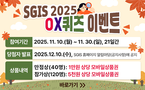 SGIS 2025 OX 퀴즈 이벤트

참여기간 2025. 11. 10.(월) ~ 11. 30. (일), 21일간
당첨자 발표 2025.12.10.(수), SGIS 홈페이지 알림마당(공지사항)에 공지
상품내역 만점상(40명):ㅣ 1만원 상당 모바일상품권
참가상(120명): 5천원 상당 모바일상품권

바로가기