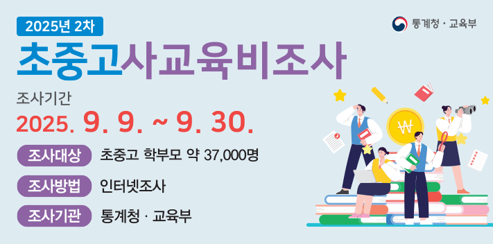 통계청 · 교육부
2025년 2차초중고사교육비조사조사기간 2025. 9. 9 ~ 9. 30.조사대상 초중고 학부모 약 37,000명조사방법 인터넷 조사조사기관 통계청