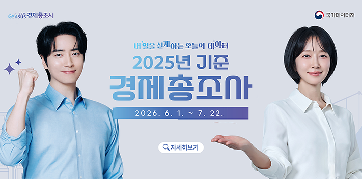 2025 Census 경제총조사
국가데이터처
내 일을 설계하는 오늘의 데이터
2025년 기준 경제총조사
2026. 6. 1. ~ 7. 22.
자세히보기