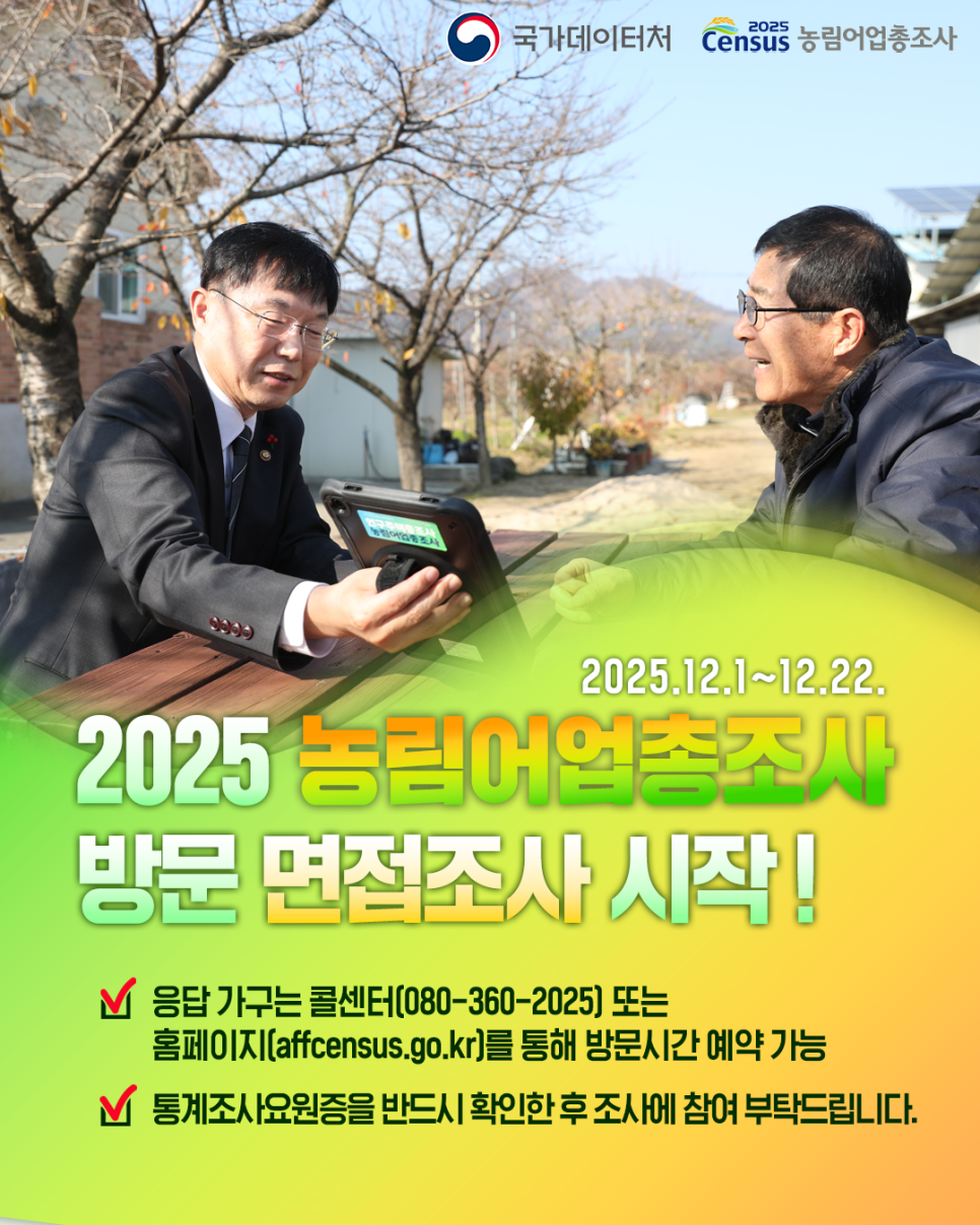 국가데이터처/2025 Census 농림어업총조사/ 2025.12.1~12.22. 2025 농림어업총조사 방문 면접조사 시작!/ 응답 가구는 콜센터(080-360-2025) 또는 홈페이지(affcensus.go.kr)를 통해 방문시간 예약 가능/ 통계조사요원증을 반드시 확인한 후 조사에 참여 부탁드립니다.